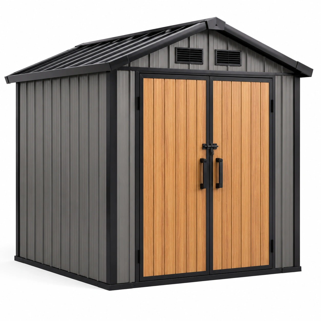 Abri de jardin en métal avec portes en bois et toit métallique 210x180x220 cm gris/noir