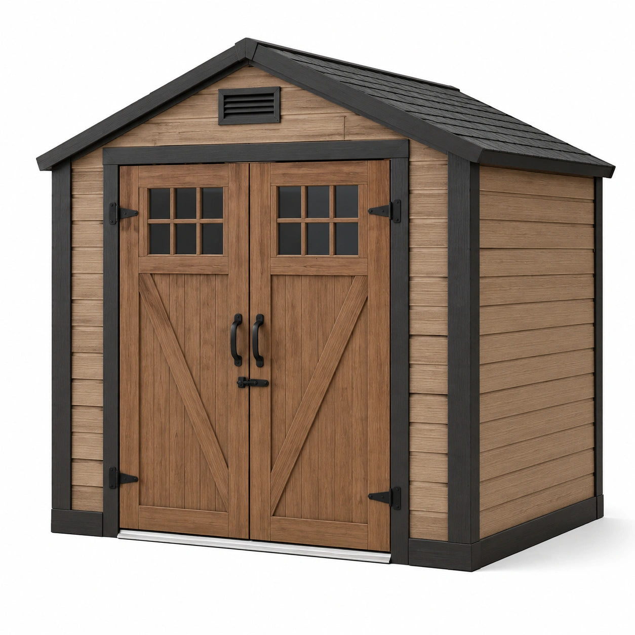 Remise de jardin en résine à double porte couleur bois naturel et noir