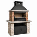 Barbecue extérieur en pierre reconstituée et briques avec hotte en acier noir