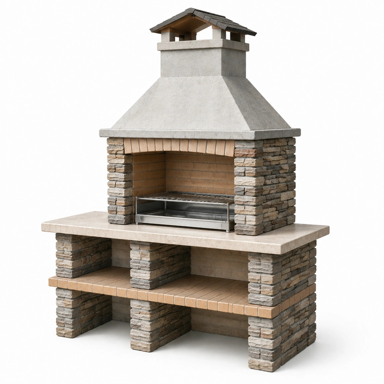 Barbecue en pierre naturelle et en acier inoxydable, 115 cm x 65 cm x 210 cm