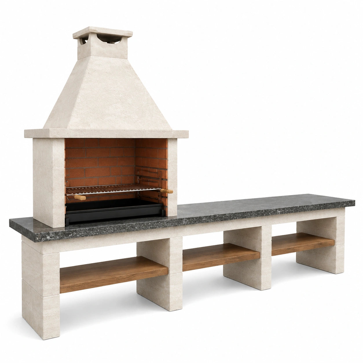Barbecue en pierre avec granite et étagères en bois