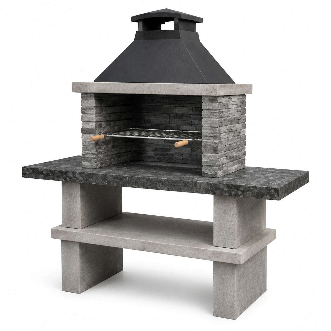 Barbecue en pierre et béton avec cheminée en métal noir 120 cm