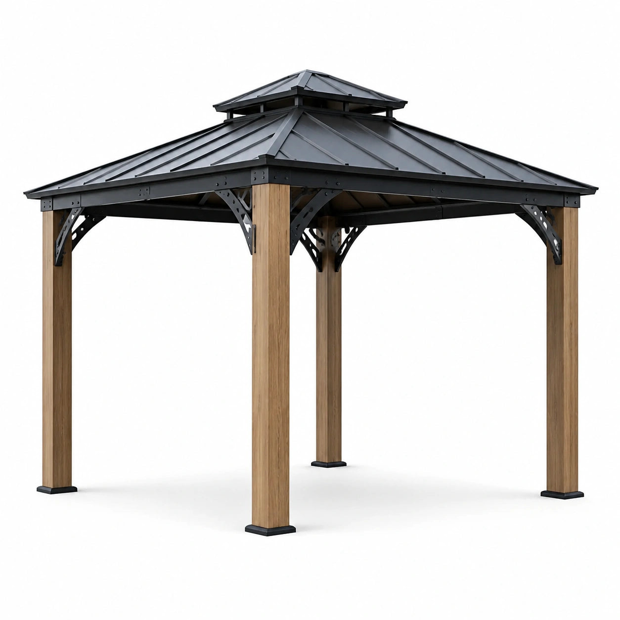Pavillon de jardin en métal et bois avec toit en acier galvanisé noir
