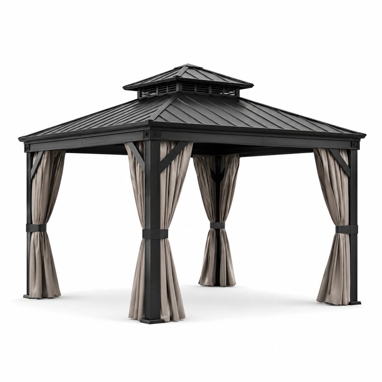 Pavillon de jardin en aluminium et acier avec rideaux en polyester gris