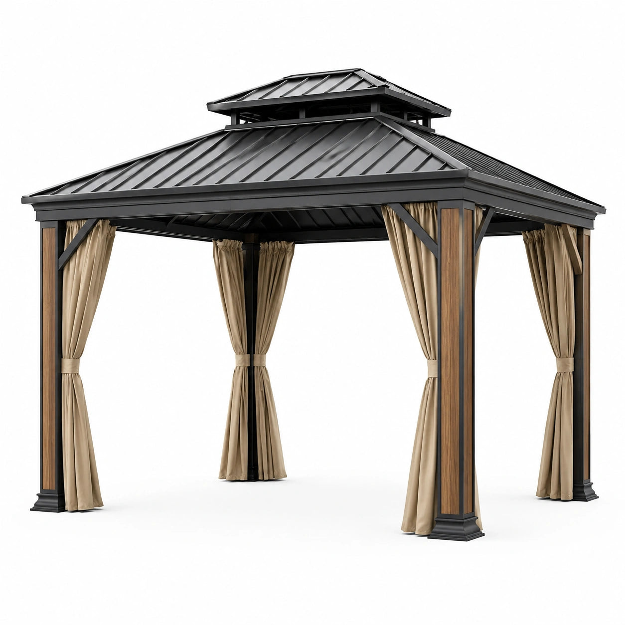 Pavillon de jardin métal avec rideaux polyester noir et beige 3x3x2,5m