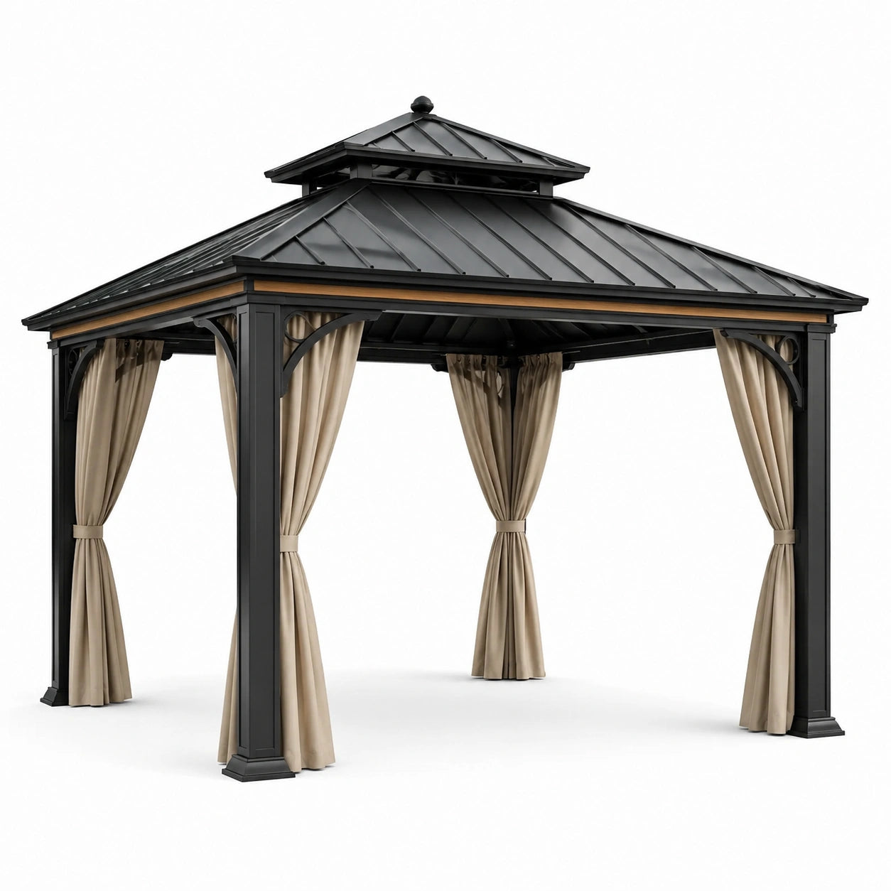 Pavillon en aluminium avec toit en acier et rideaux en polyester noir/beige