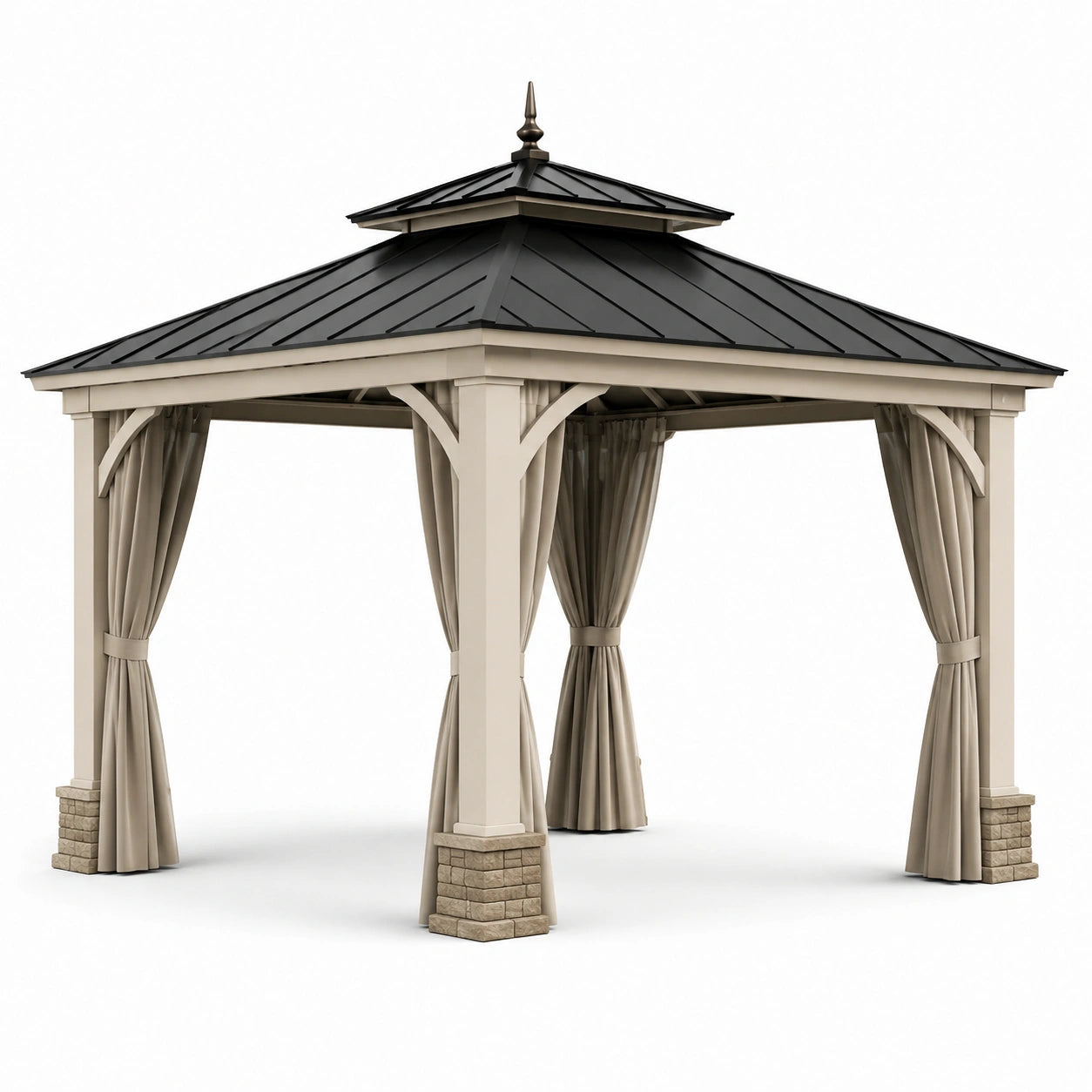 Pavillon extérieur en bois et métal avec rideaux beige
