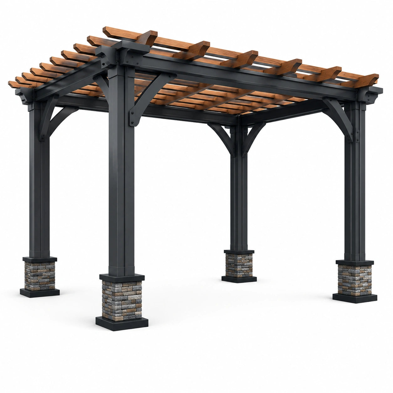 Pergola en métal et bois avec piliers en pierre