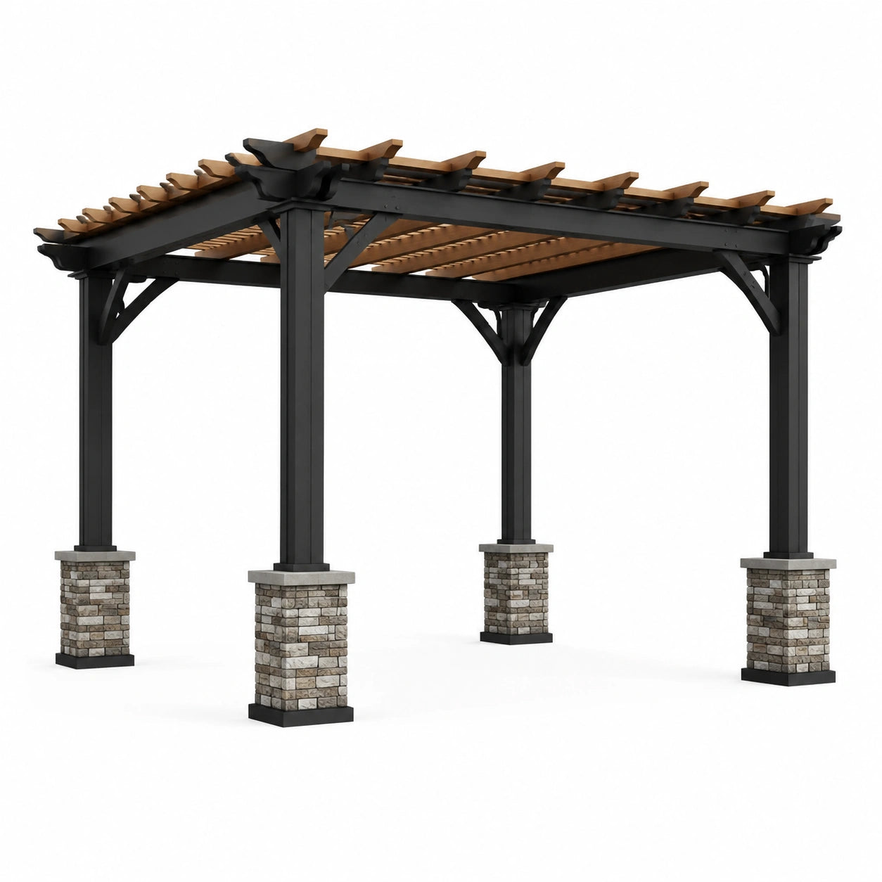 Pergola en métal et bois avec piliers en pierre
